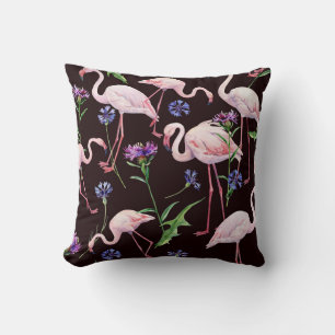 Watercolor flamingos and wild flowers pattern. throw pillow