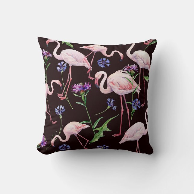 Watercolor flamingos and wild flowers pattern. throw pillow (Front)