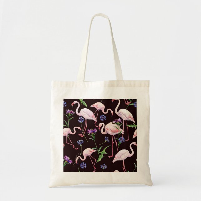 Watercolor flamingos and wild flowers pattern. tote bag (Front)