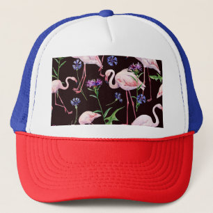 Watercolor flamingos and wild flowers pattern. trucker hat