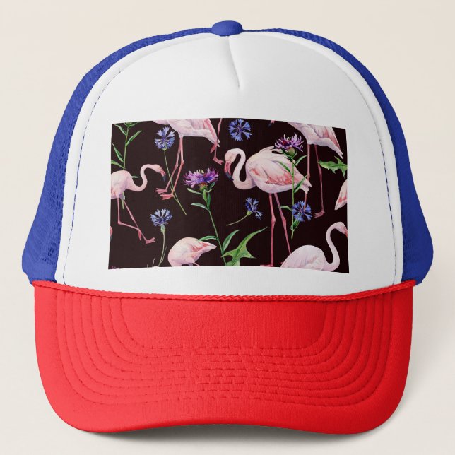 Watercolor flamingos and wild flowers pattern. trucker hat (Front)