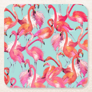 Watercolor Flamingos Gathered 2 Square Paper Coaster