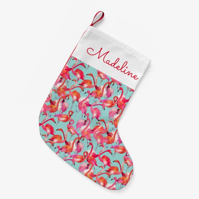 Watercolor Flamingos Gathered | Add Your Name Small Christmas Stocking (Front (Hanging))