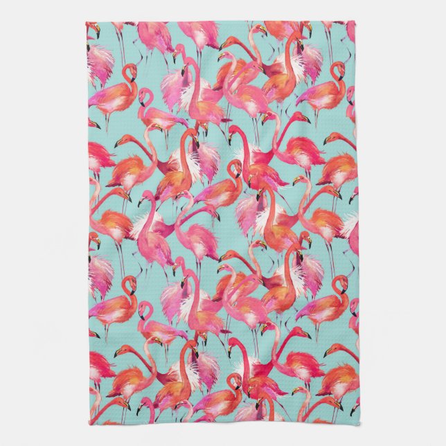 Watercolor Flamingos Gathered Kitchen Towel (Vertical)