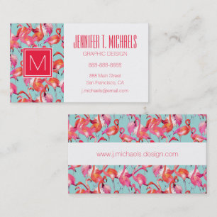 Watercolor Flamingos Gathered   Monogram Business Card