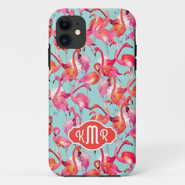 Watercolor Flamingos Gathered | Monogram Case-Mate iPhone Case (Back)