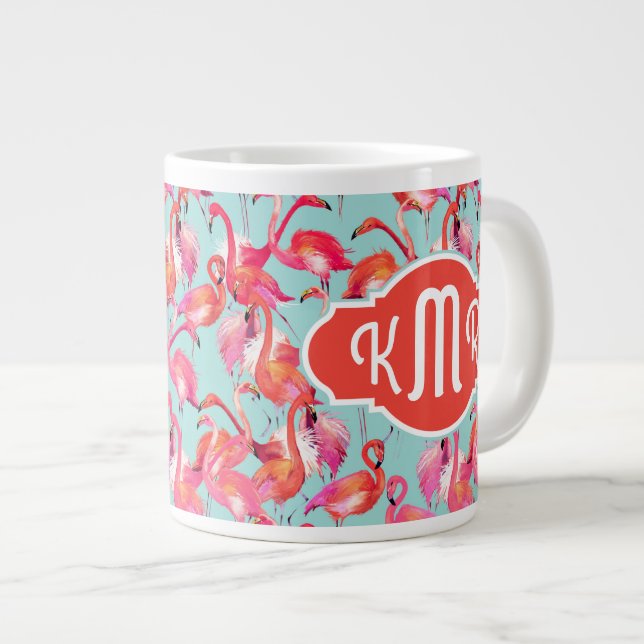 Watercolor Flamingos Gathered | Monogram Large Coffee Mug (Front Right)