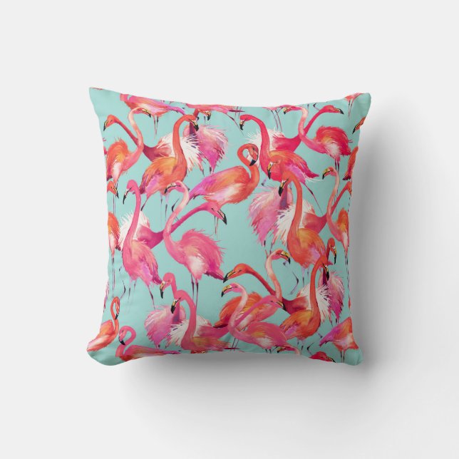 Watercolor Flamingos Gathered | Monogram Throw Pillow (Front)
