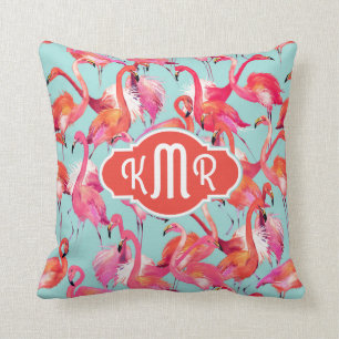 Watercolor Flamingos Gathered Monogram Throw Pillow