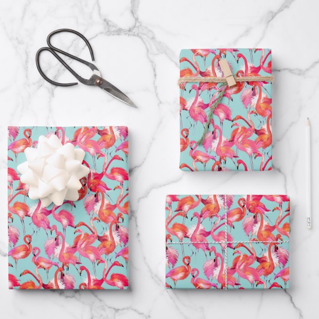 Watercolor Flamingos Gathered Wrapping Paper Sheet (Front)