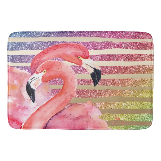 Watercolor Flamingos Glitter Gold Stripes Bath Mat (Front)