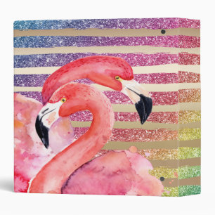 Watercolor Flamingos Glitter Gold Stripes Binder