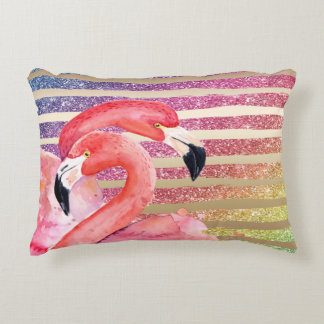 Watercolor Flamingos Glitter Gold Stripes Decorative Pillow