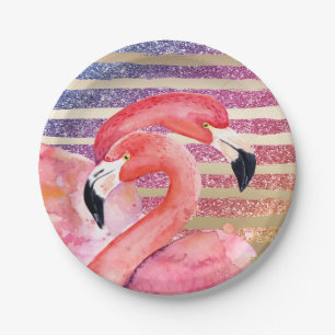 Watercolor Flamingos Glitter Gold Stripes Paper Plate