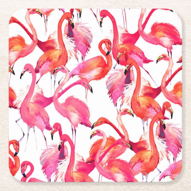 Watercolor Flamingos In Watercolors 2 Square Paper Coaster (Front)