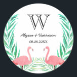 Watercolor Flamingos Palm Leaves Wedding Monogram Classic Round Sticker<br><div class="desc">Round wedding sticker,  perfect as envelope seals,  with watercolor flamingos and palm leaves. Personalize with your soon-to-be shared initial,  your names,  and wedding date.</div>