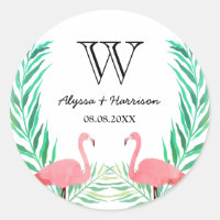 Watercolor Flamingos Palm Leaves Wedding Monogram
