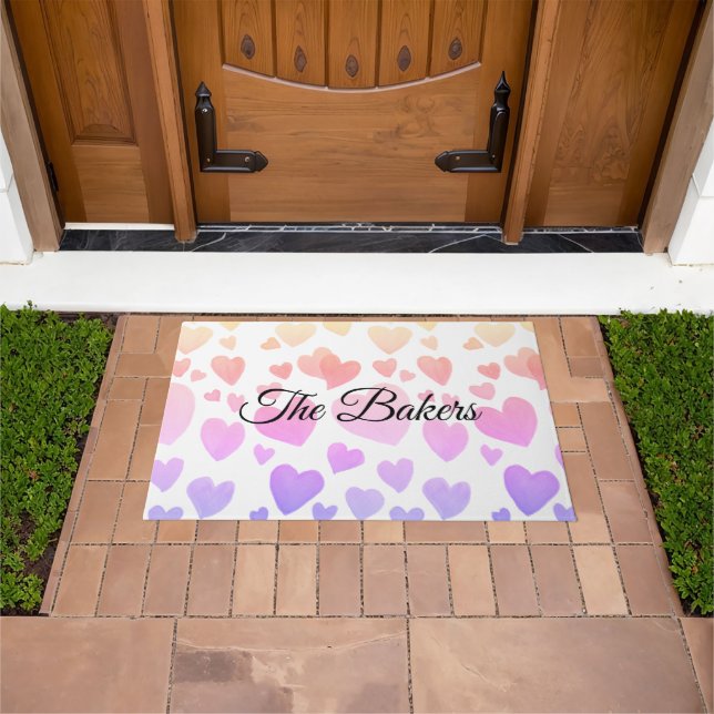 Watercolor Floating Hearts (Customizable) Doormat (Outdoor)