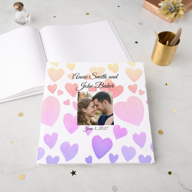 Watercolor Floating Hearts (Customizable) Guest Book (Front Open)