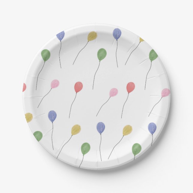 Watercolor Floating Party Balloons White Paper Plate (Front)