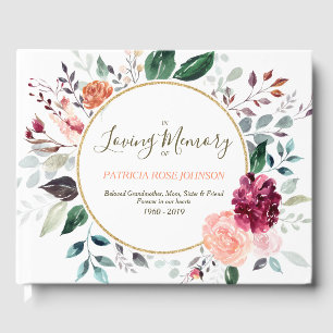 Watercolor Flora Rose Memorial Funeral Remembrance Guest Book