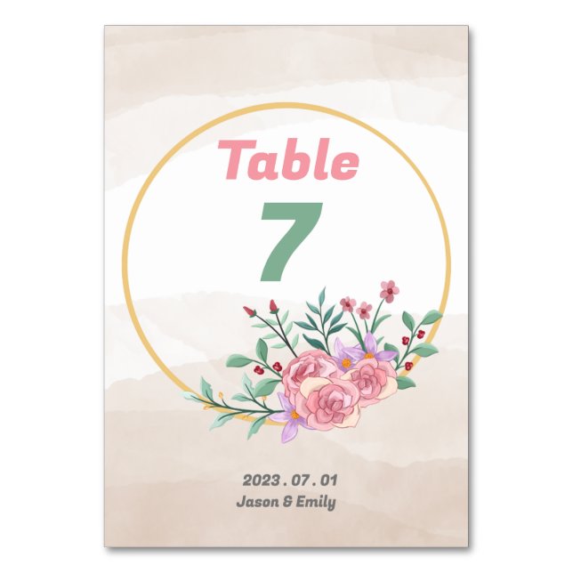 Watercolor Flora Table Number Card For Wedding (Front)