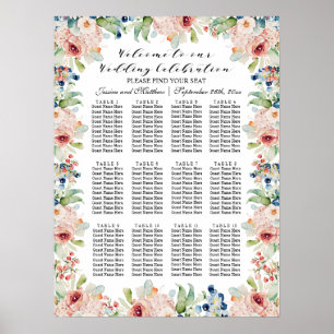 Watercolor Floral 12 Tables Wedding Seating Poster