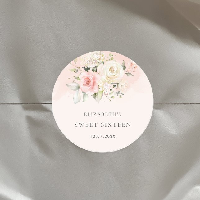 Watercolor Floral 16th Birthday Party Classic Round Sticker (Modern Floral Sweet Sixteen Script 16th Birthday Round Bold Classic Sticker)