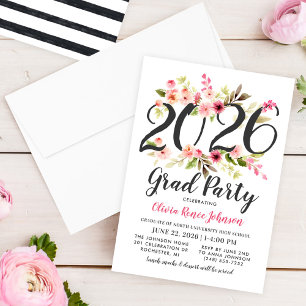 Watercolor Floral 2026 Grad Party Pink Invitation