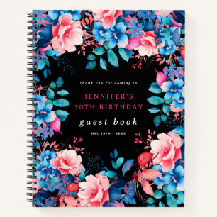 Watercolor Floral 30th Birthday Guest Book Black 