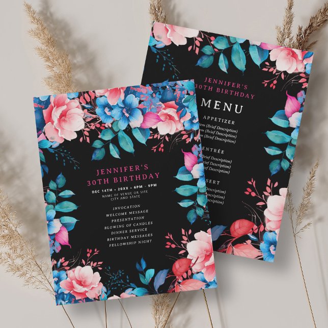 Watercolor Floral 30th Birthday Program Menu Black (Watercolor Floral 30th Birthday Program Menu Black)