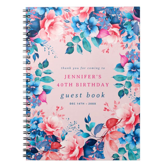 Watercolor Floral 40th Birthday Guest Book Blush (Front)