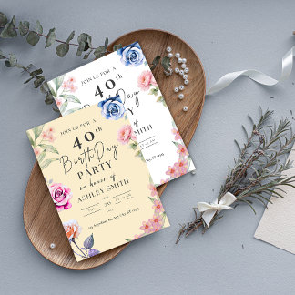 Watercolor floral 40th Birthday Invitation 