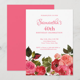 Watercolor Floral 40th Birthday Party Invitation