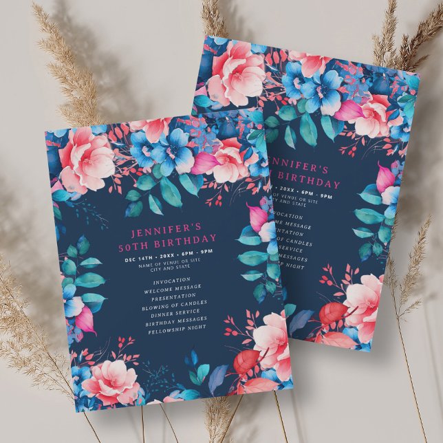 Watercolor Floral 50th Birthday Program Navy  (Watercolor Floral 50th Birthday Program Navy )