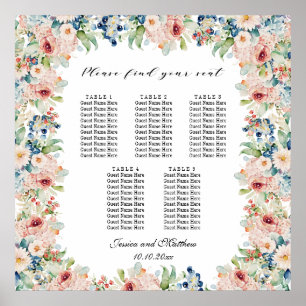 Watercolor Floral 5 Tables Wedding Seating Poster