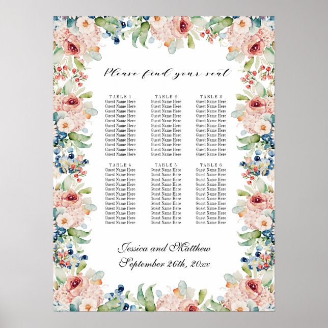 Watercolor Floral 6 Tables Wedding Seating Poster (Front)