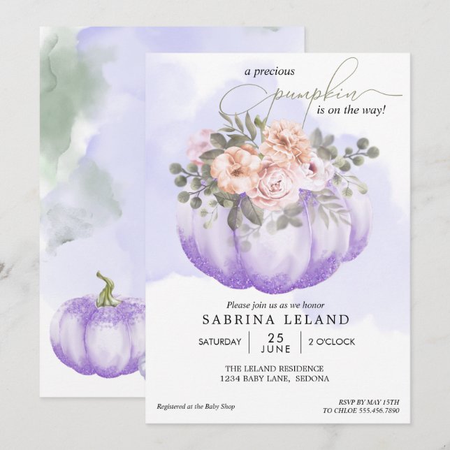 Watercolor Floral Amethyst Pumpkin Baby Shower Invitation (Front/Back)