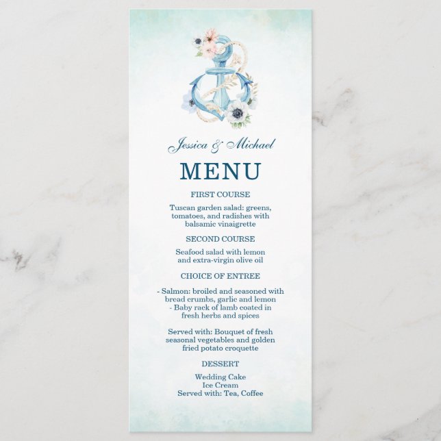 Watercolor Floral Anchor Teal Beach Wedding Menu (Front)