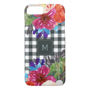 Watercolor Floral and Black Gingham with Monogram Case-Mate iPhone Case