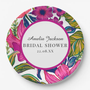 Watercolor floral and botanical blue bridal shower paper plate