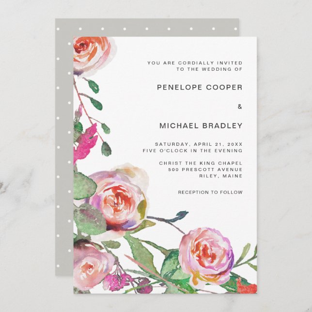 Watercolor Floral and Dots Wedding Invitation (Front/Back)