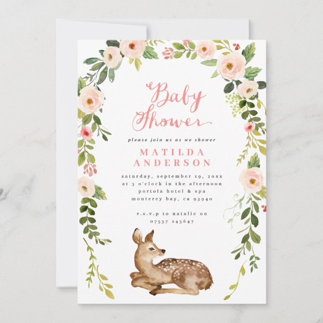 Watercolor floral and foliage deer baby shower announcement (Front)
