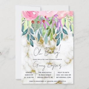 Watercolor Floral and Marble Baby Shower Invitation