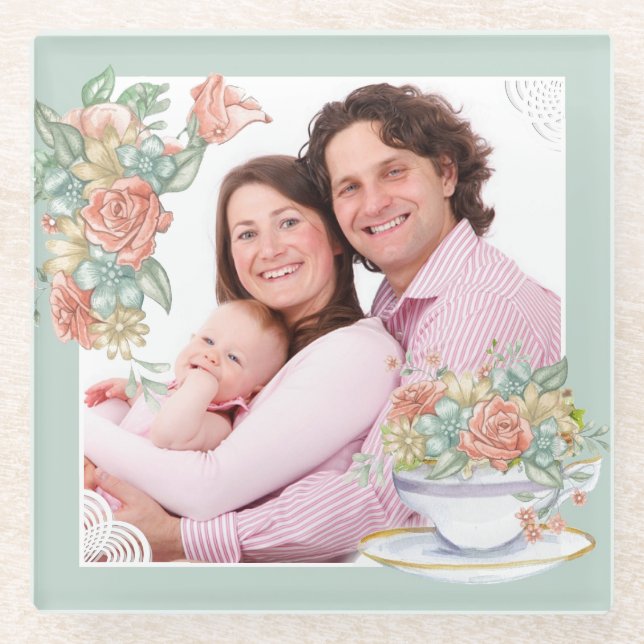 Watercolor Floral and Teacup Custom Photo Glass Coaster (Front)