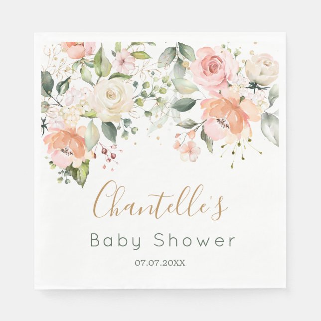 Watercolor Floral Apricot Pink Roses Baby Shower  Napkin (Front)