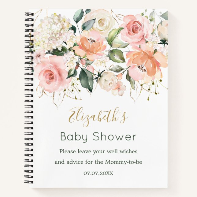 Watercolor Floral Apricot Pink Roses Baby Shower   Notebook (Front)