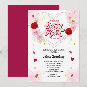 watercolor floral arch heart pink red baby shower invitation