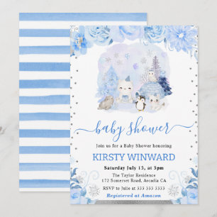 Watercolor Floral Arctic Animals Baby Shower Invitation
