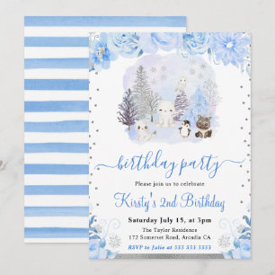 Watercolor Floral Arctic Animals Birthday Invitation